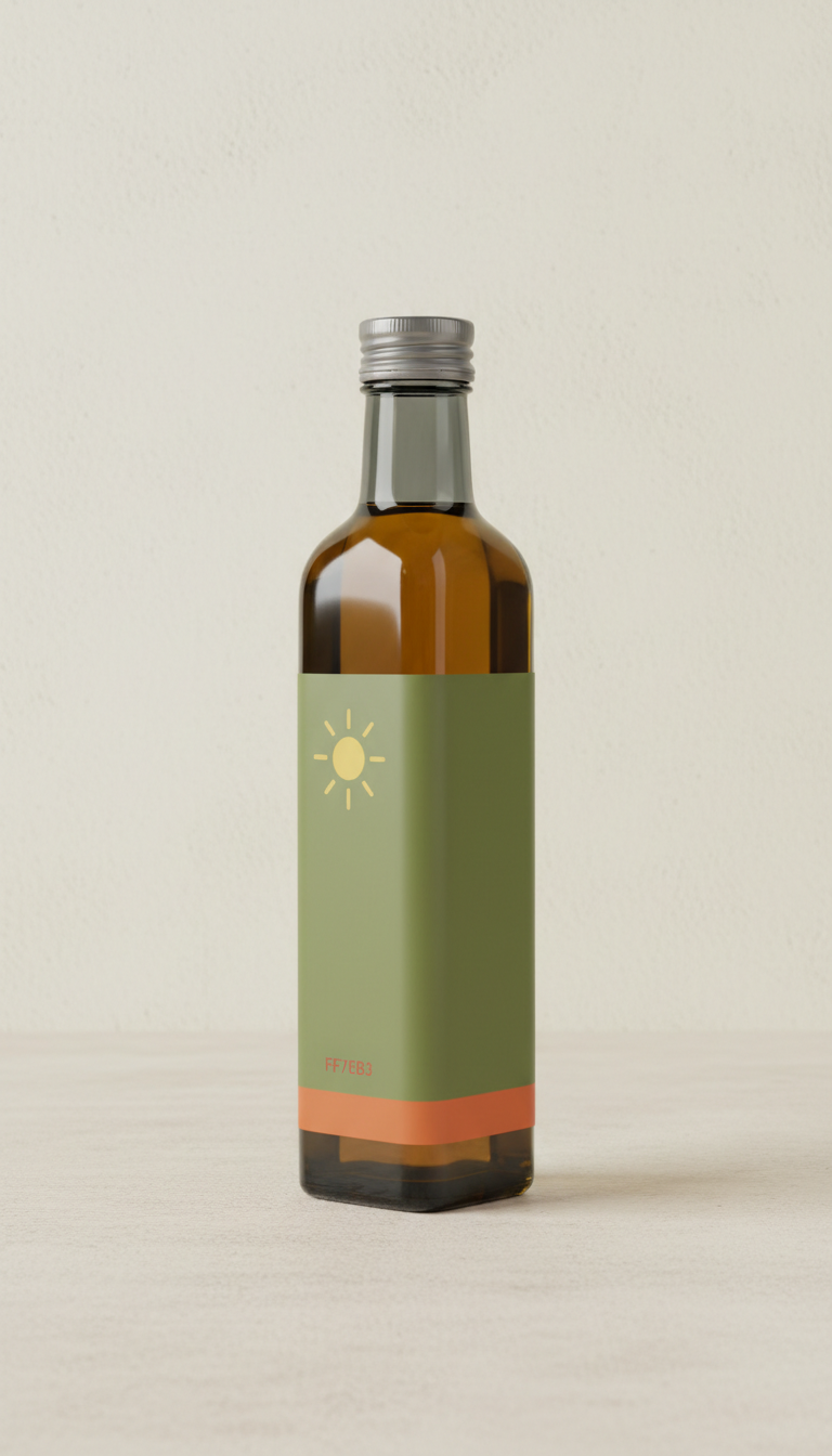 Cold-pressed oil, Use a 3/4 angle for product shots to highlight the packaging design and contents. The background should...