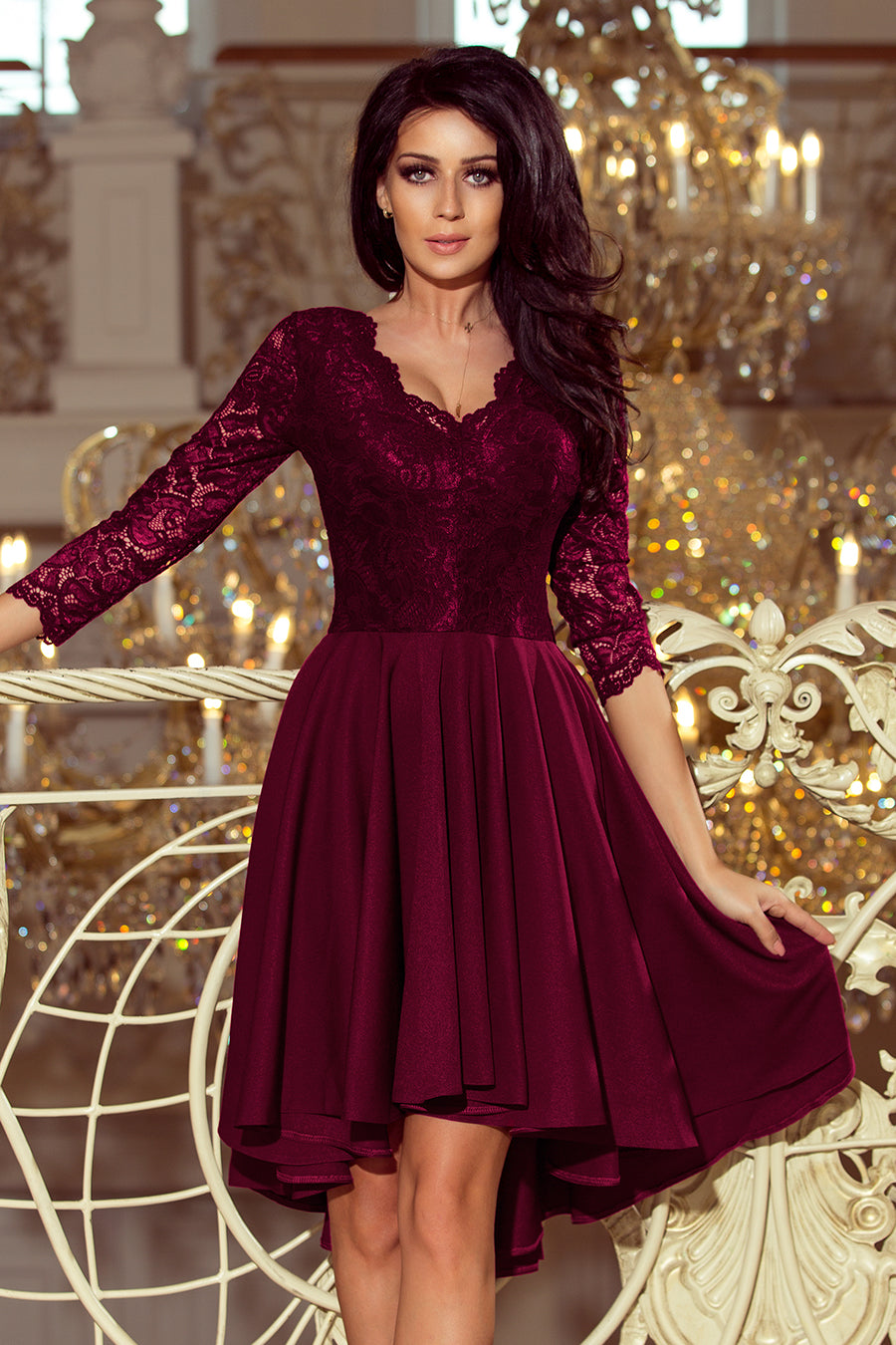 Numoco 210-13 NICOLLE - dress with longer back with lace neckline - plum