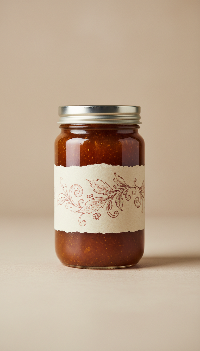 A perfectly centered, straight-on front view of a glass jar containing a rich, rustic copper-colored jelly. The jar has a...