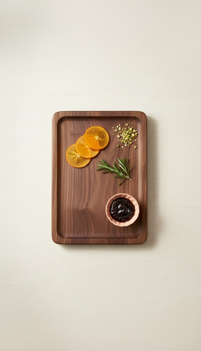Contemporary Walnut Charcuterie Board, 3/4 angle is default — board sits slightly turned on a neutral Sunlit Birch surface...
