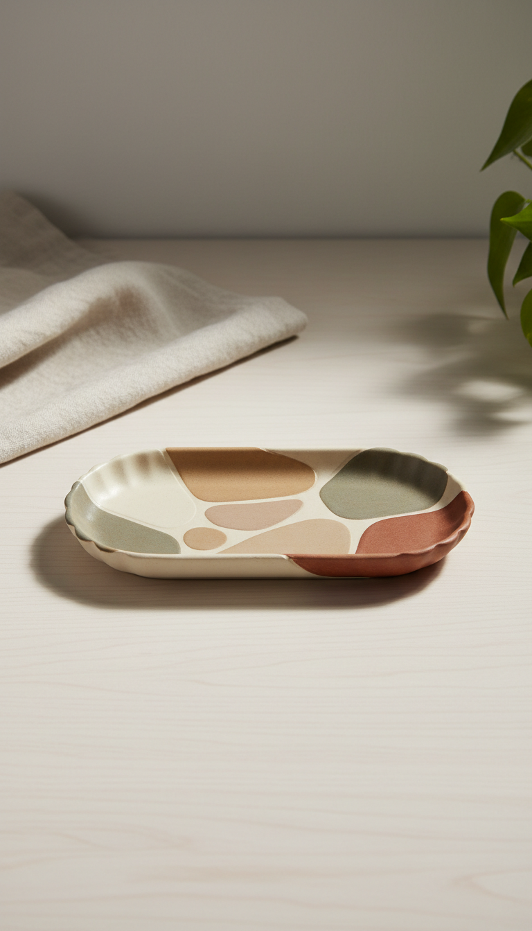 Decorative ceramic tray, Default to a clean three-quarter angle that flatters product shape—placed on pale wood or matte...