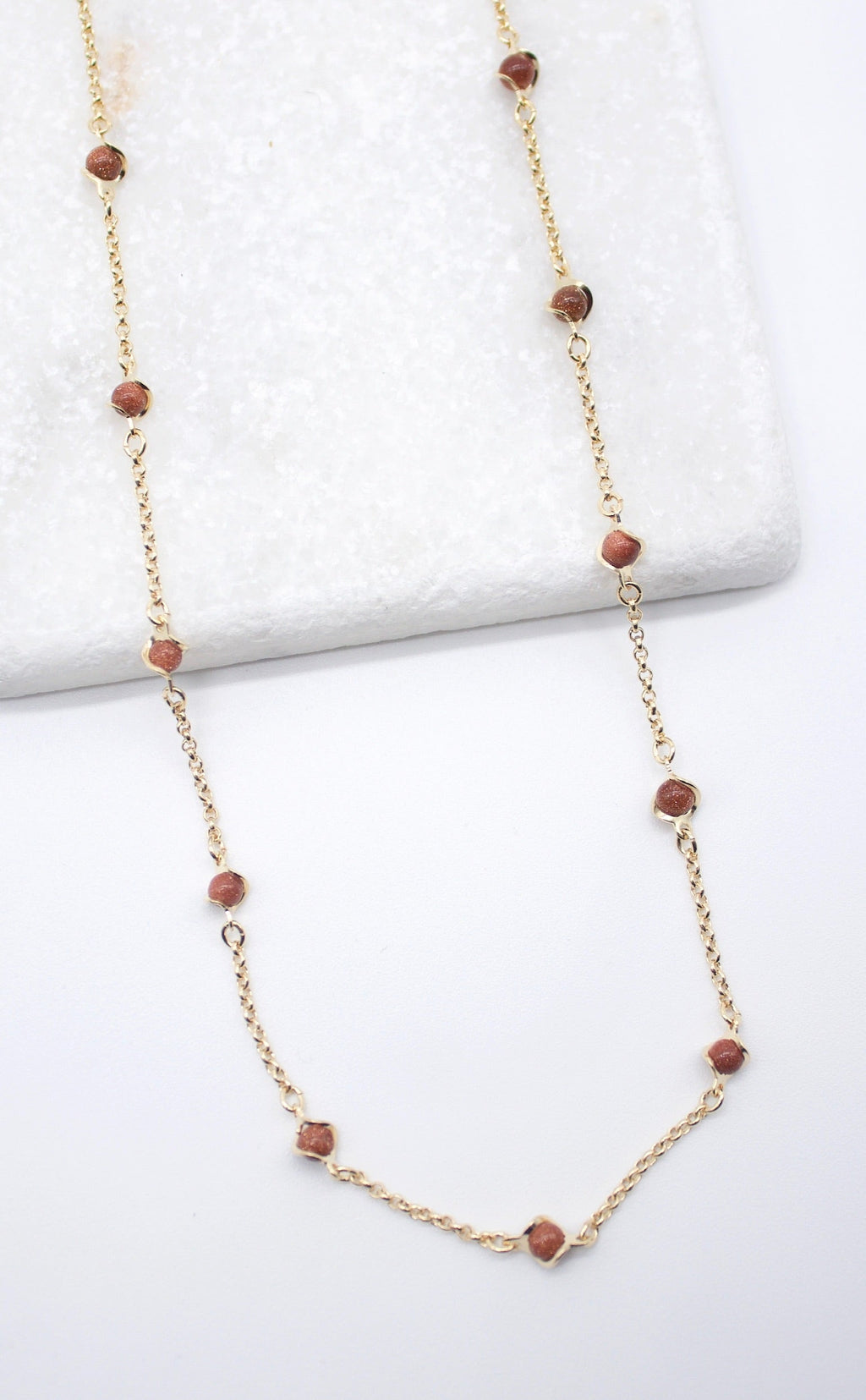 18K Gold Filled 5mm Designed Brown aventurine Bead Necklace (F221)