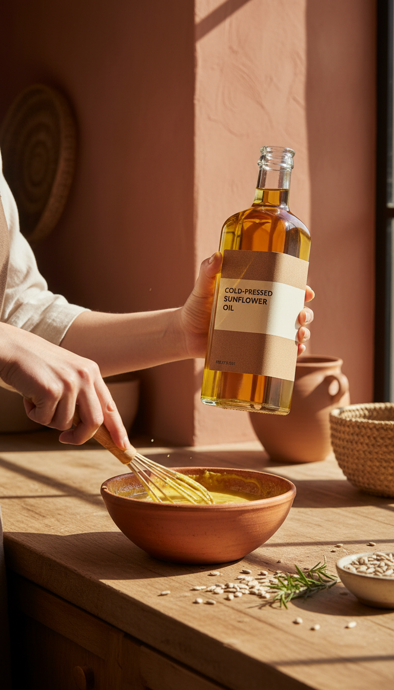 Sunflower oil cold-pressed earth-toned label in use