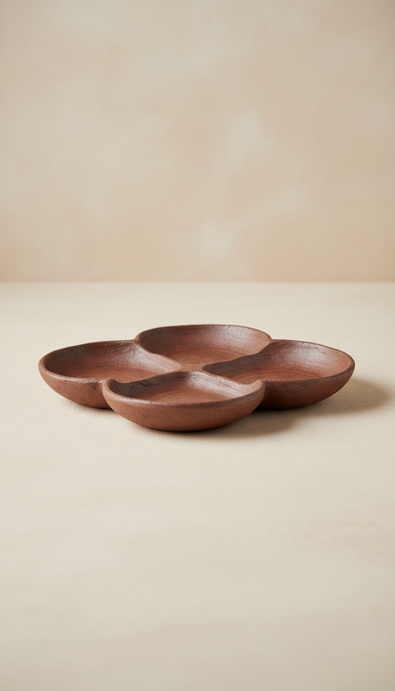 Burnt Umber Serving Dish, Focus on a 3/4 angle shot that captures the unique shape and detailed surface of each piece. The...