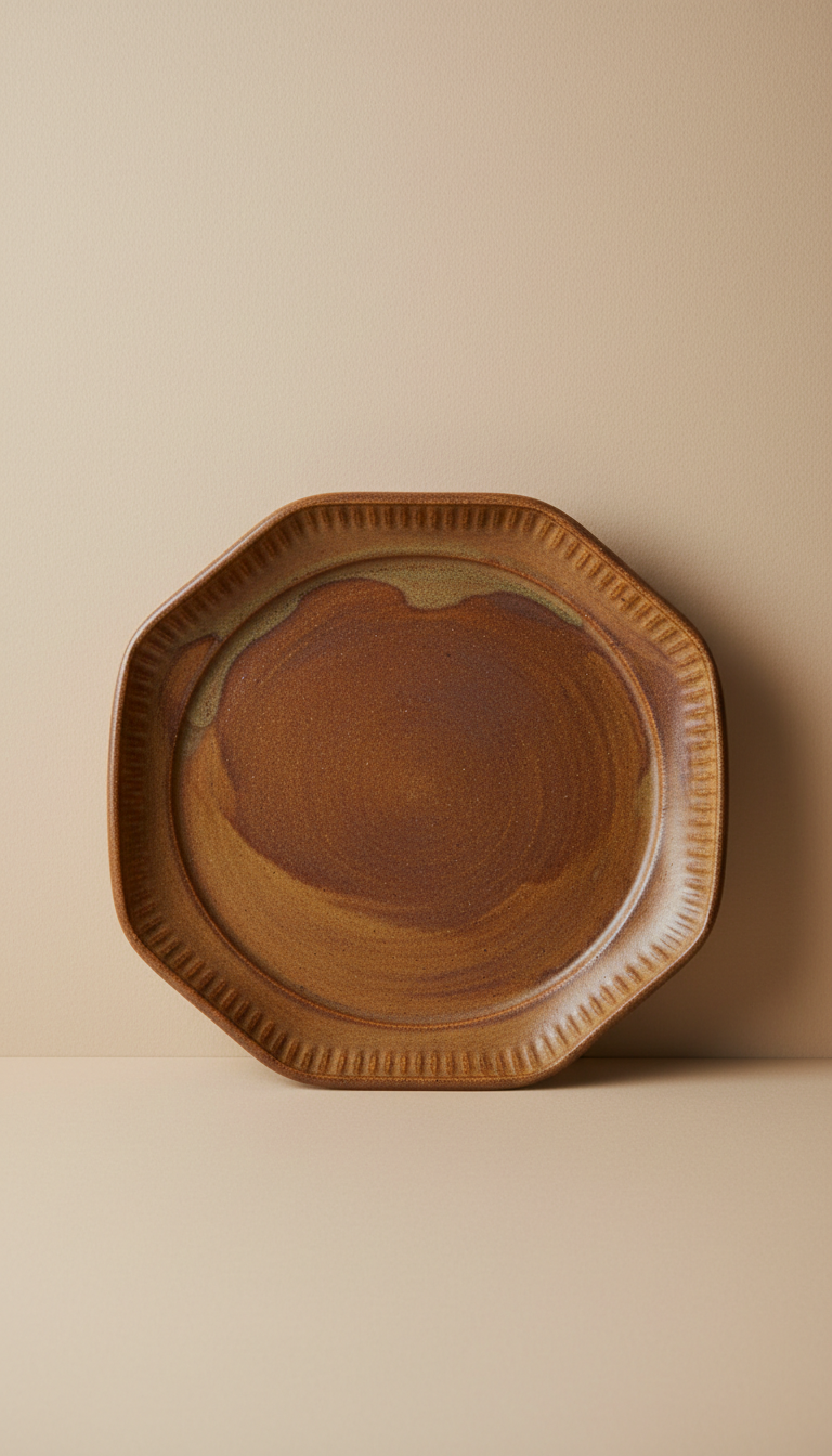 Heritage umber serving platter, Default angle: 3/4 front view at table height — showcases silhouette, glaze layering, and...