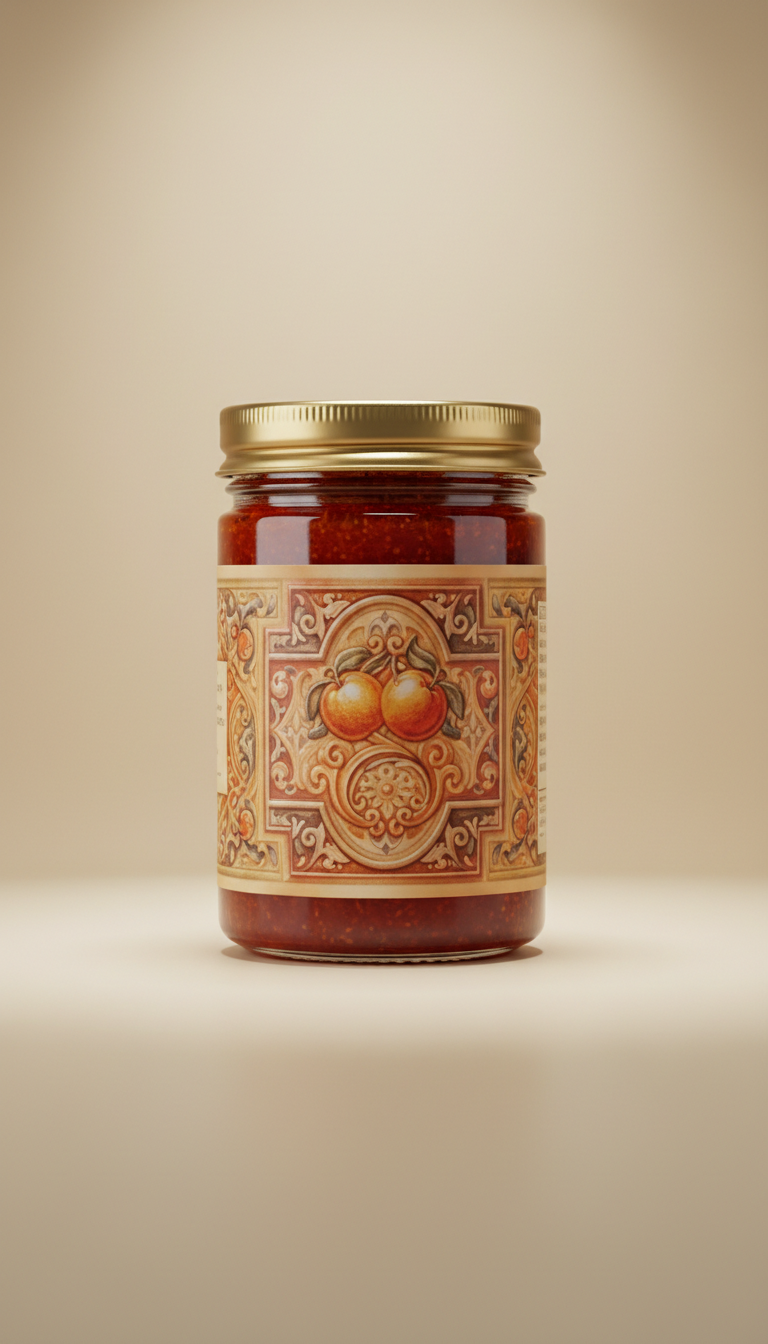 Blood Orange marmalade glass jar with ornate label and luxury accents., Default angle is three-quarter view at slight...