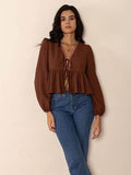 Peplum Tied V-Neck Long Sleeve Blouse for Women