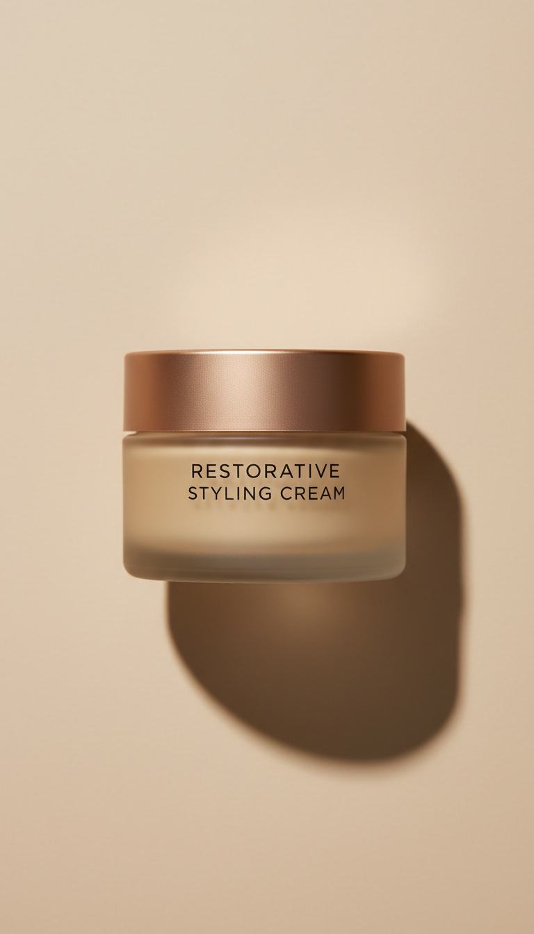 Restorative styling cream jar, perfectly centered horizontally and vertically with equal negative space above and below,...