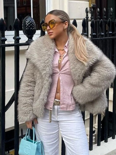 Winter Plush Coat Fashion Warm Thicken Fluffy Lapel Jacket Outwear Casual Long Sleeve Tops Womens Clothing