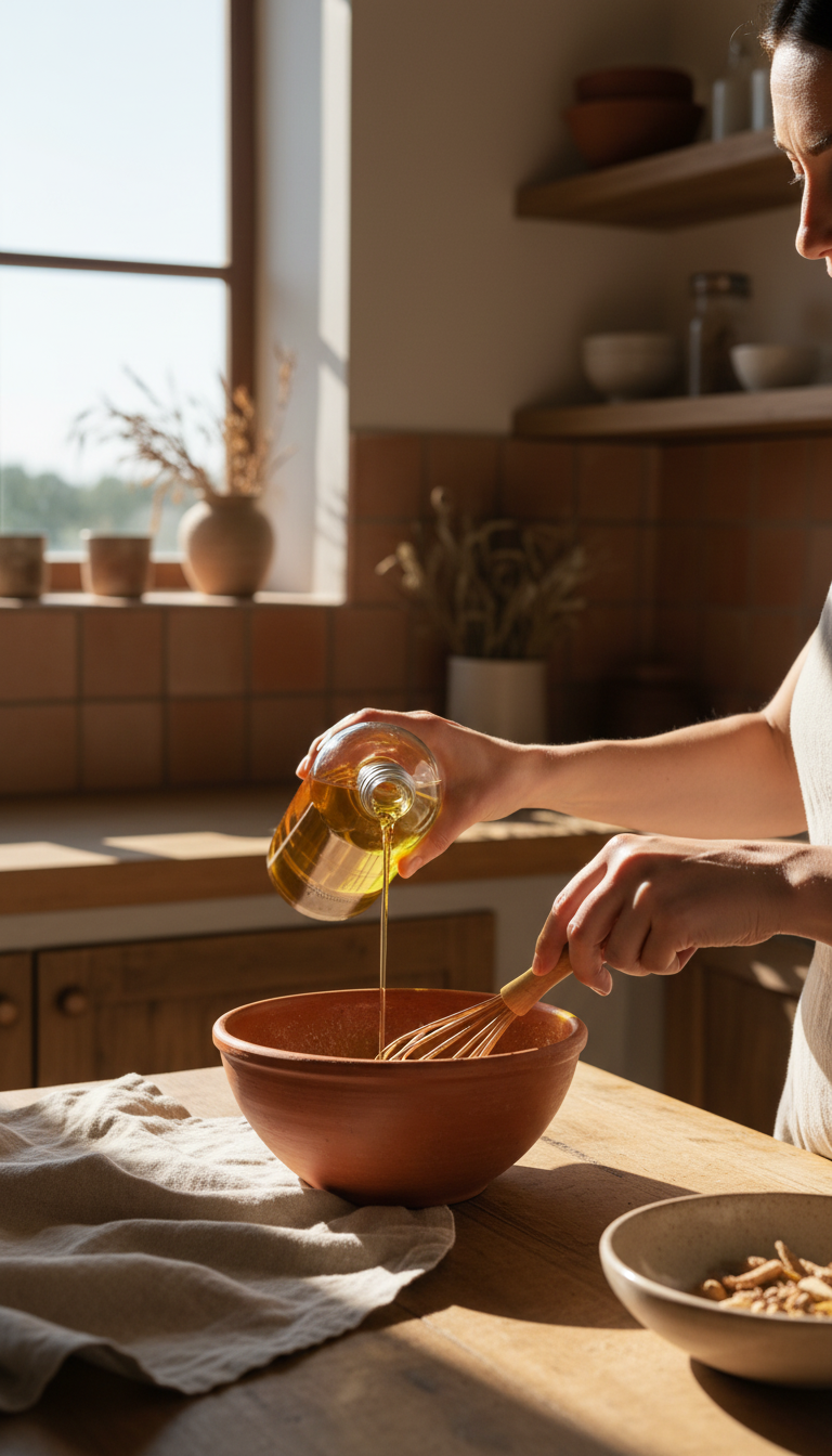 Cold-Pressed Sunflower Oil Bottle in use