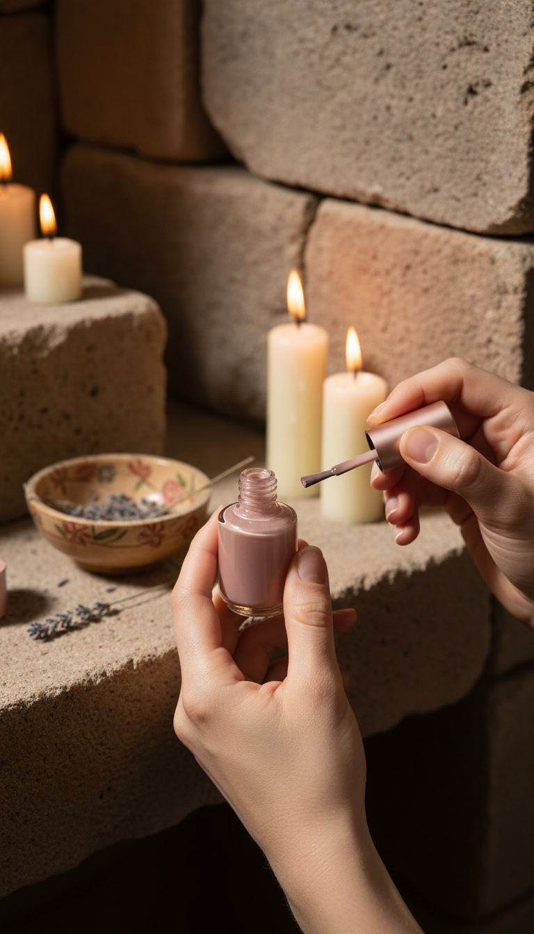 Celestial blushed sand nail polish in use