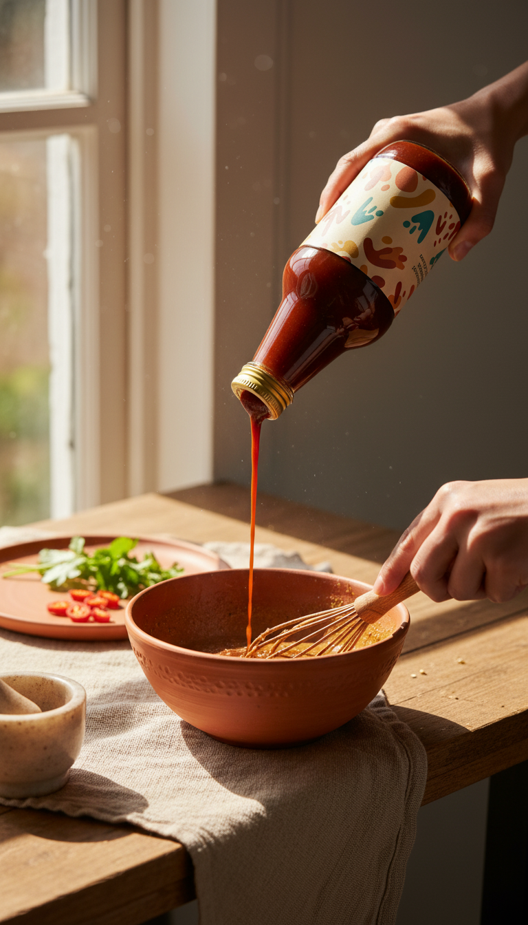 Traditional Burmese Tamarind Sauce Bottle in use