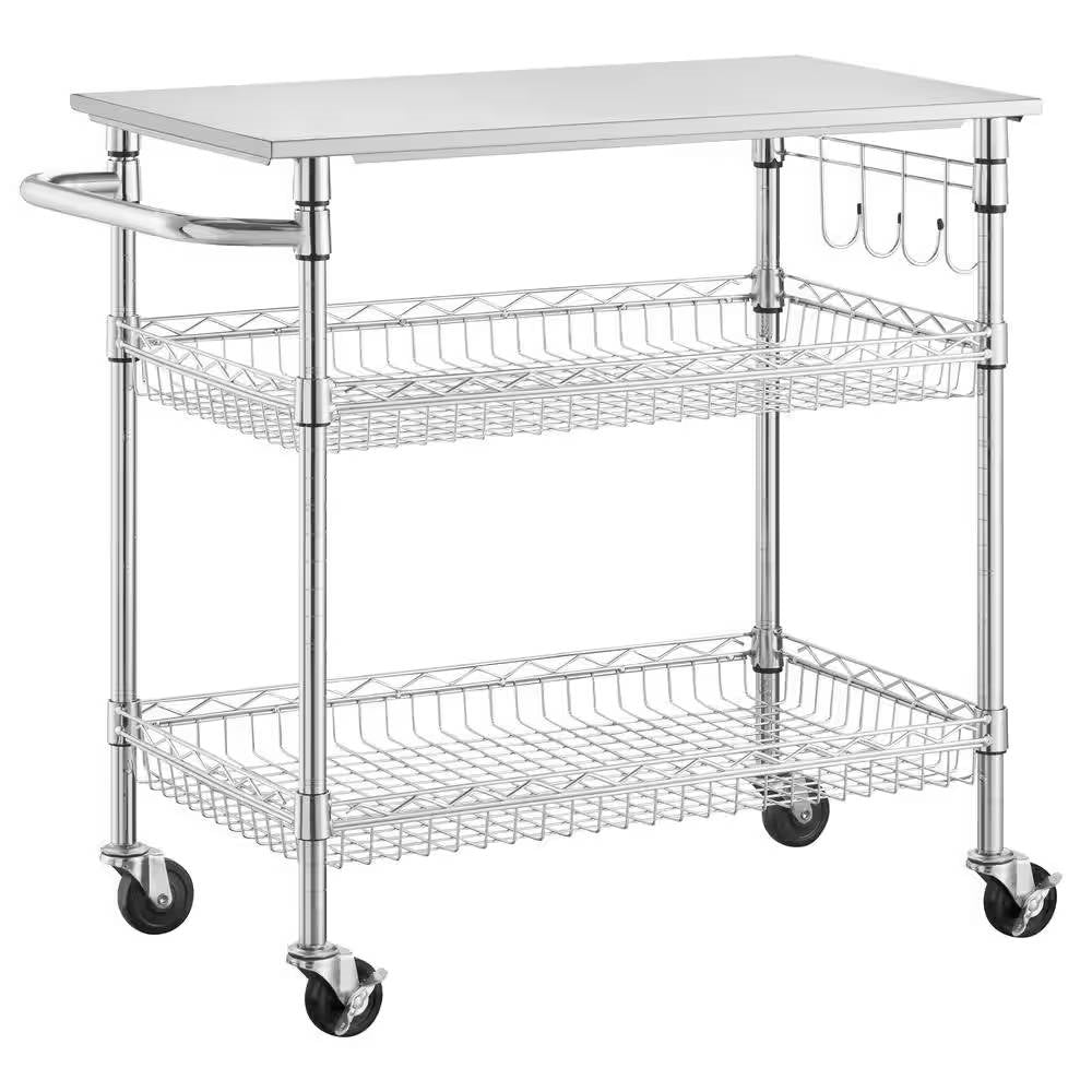 Kitchen Island Cart with Stainless Steel Top and 2 Bottom Storage Shelves