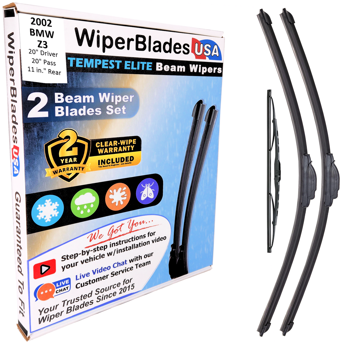 2002 BMW Z3 Wiper Blades Set w/2yr Wear Warranty (Set of 3) w/Rear Tempest Elite