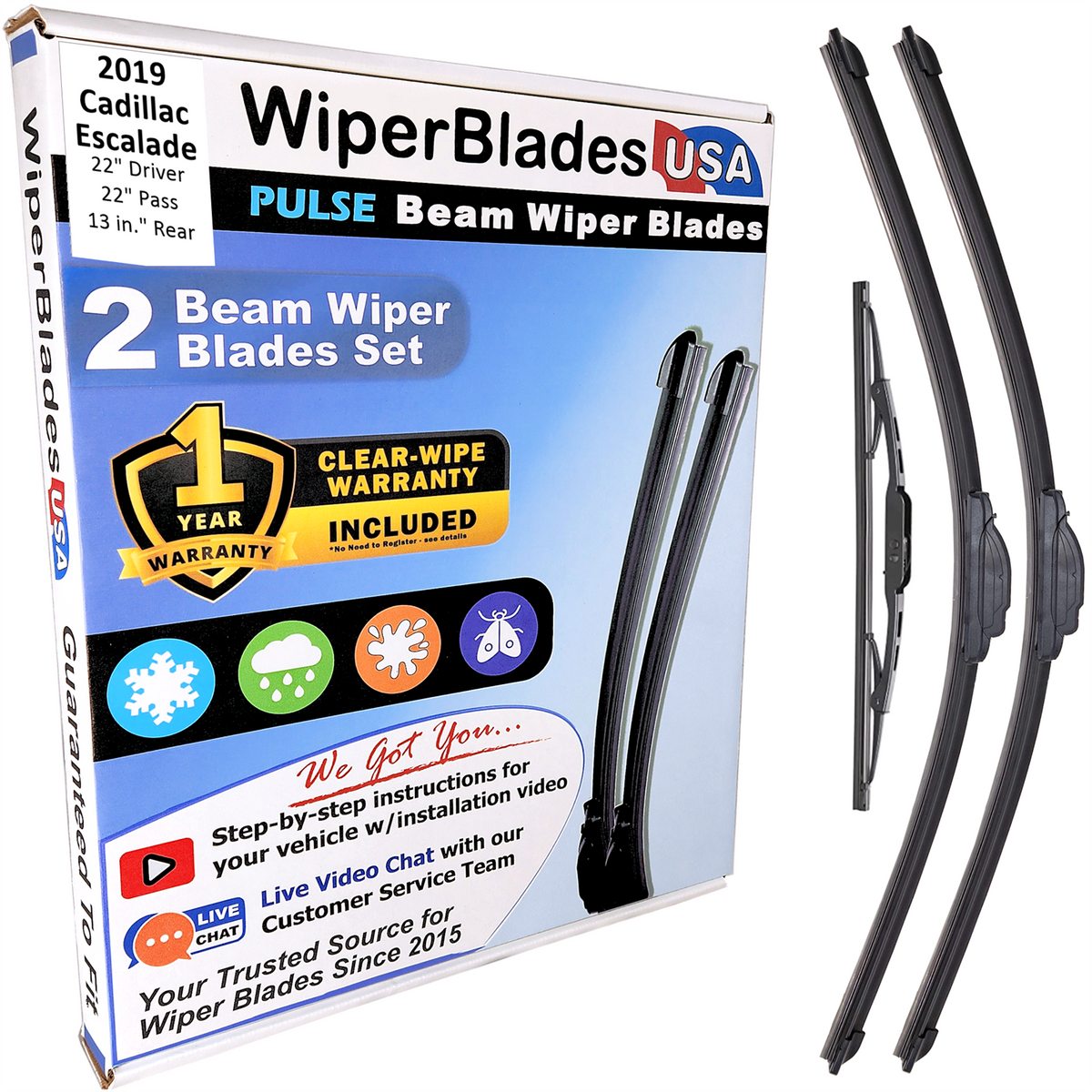 2019 Cadillac Escalade Wiper Blades w/1yr Wear Warranty (Set of 3) w/Rear Wipers