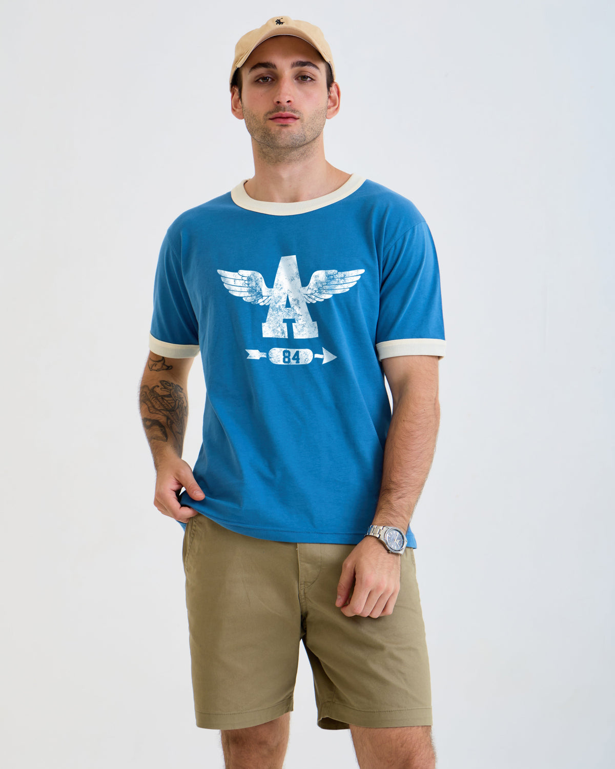 Vintage Unisex Oversized T-Shirt – Wings Graphic – Retro Ringer Style – Blue/White