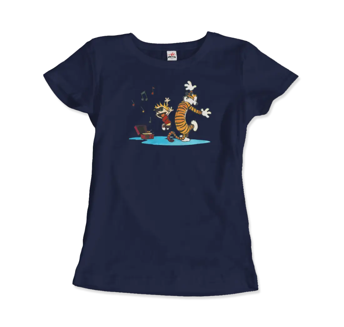 Calvin and Hobbes Dancing with Record Player t-shirt