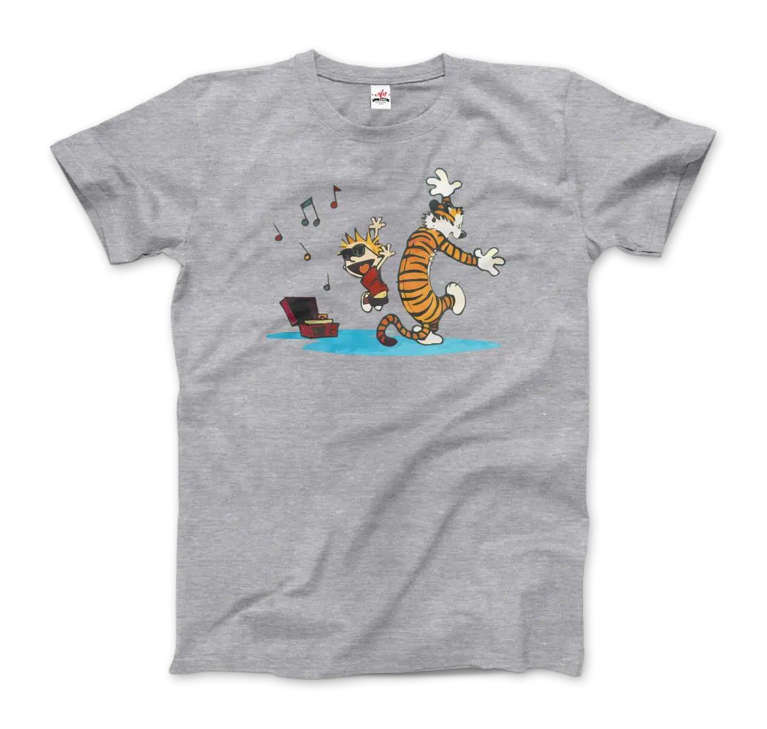 Calvin and Hobbes Dancing with Record Player t-shirt