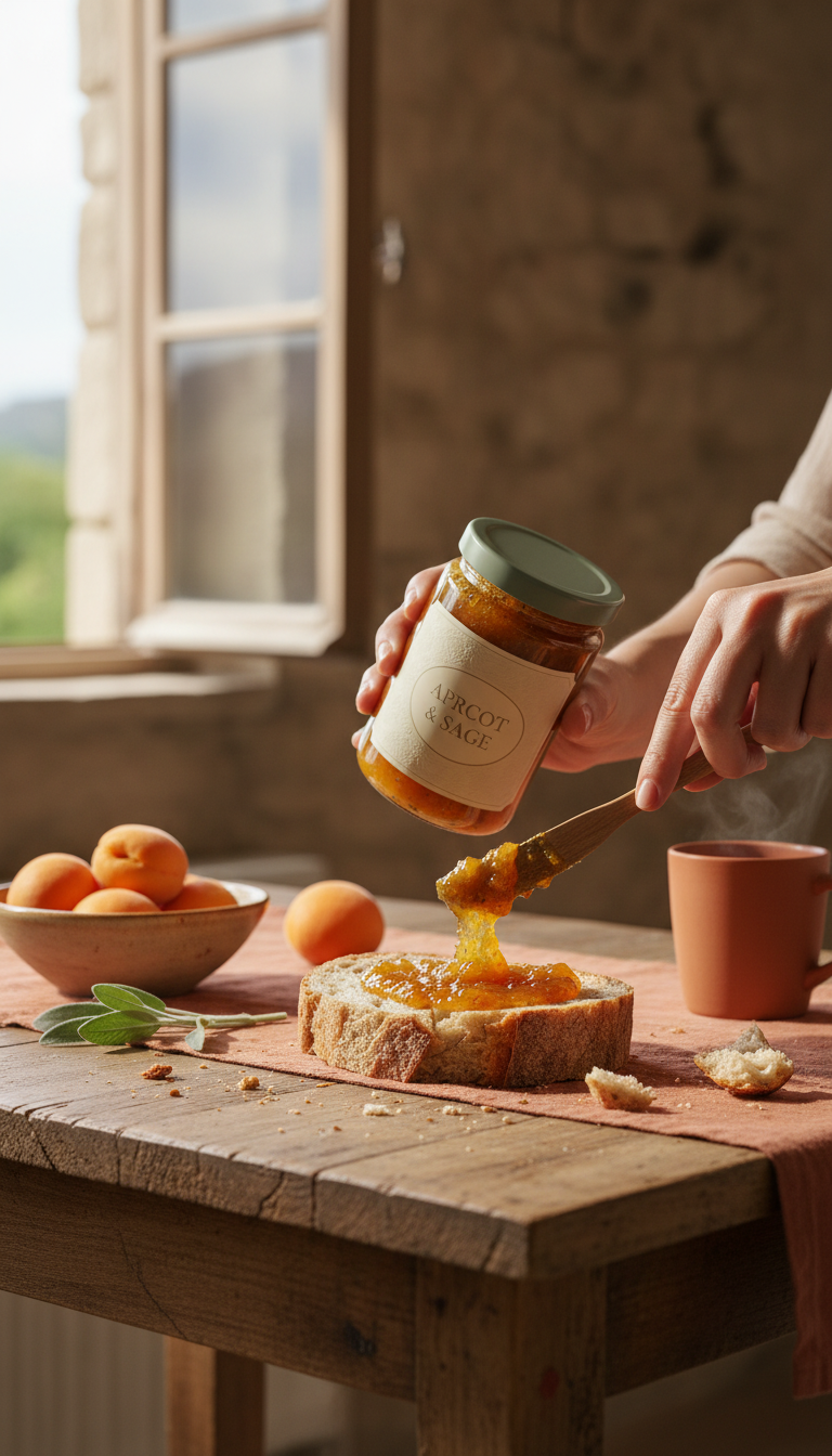 Apricot and sage jam with matte lid in use
