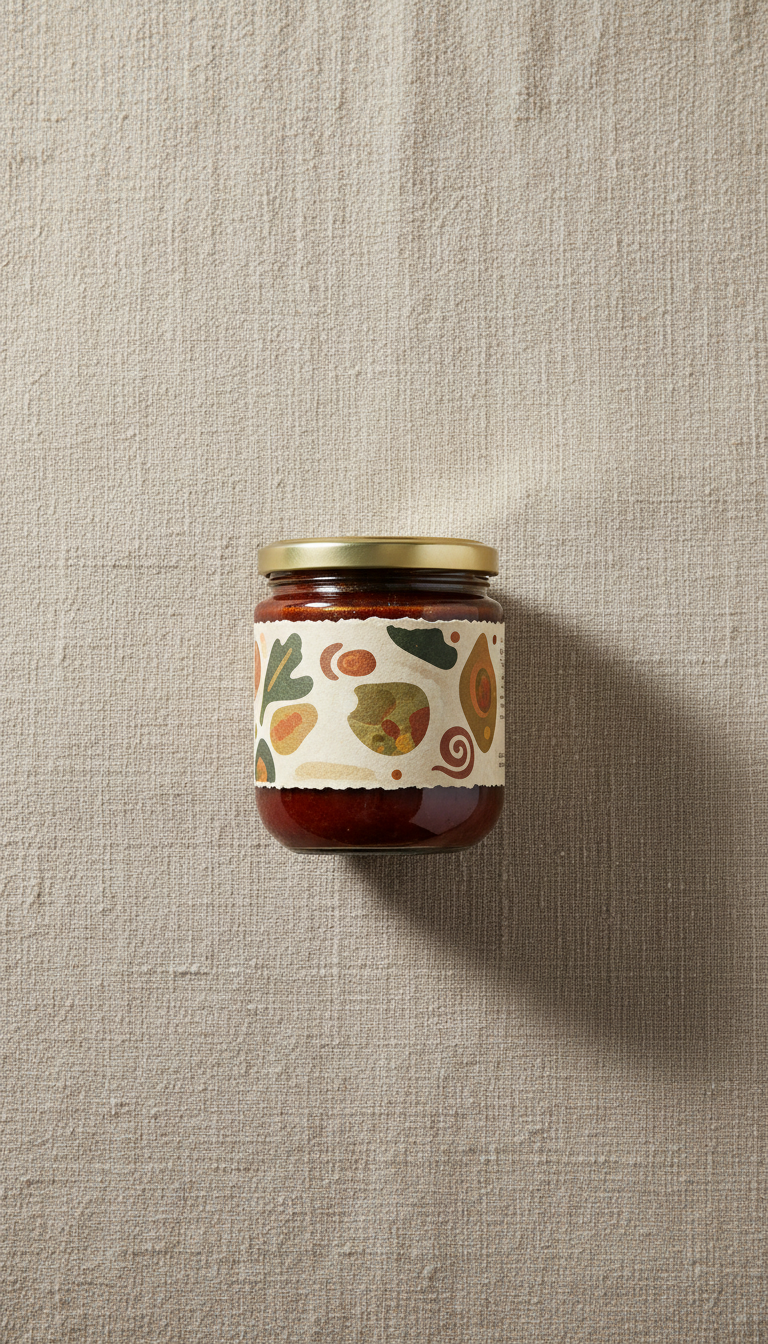 [PRODUCT] - gourmet condiment jar placed on a textured linen surface with soft shadow beneath for grounding. Perfectly...