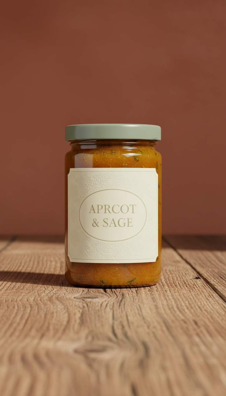 Apricot and sage jam with matte lid in a new setting