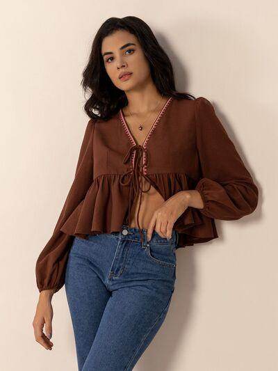 Peplum Tied V-Neck Long Sleeve Blouse for Women