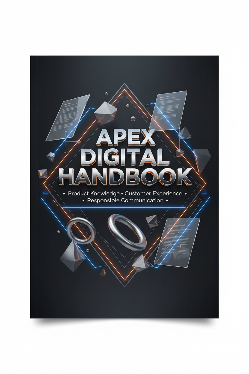 Dark graphite editorial cover for Apex Digital Handbook with cobalt and amber 3D geometric forms and subtitle Product Knowledge, Customer Experience, and Responsible Communication