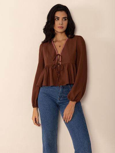 Peplum Tied V-Neck Long Sleeve Blouse for Women