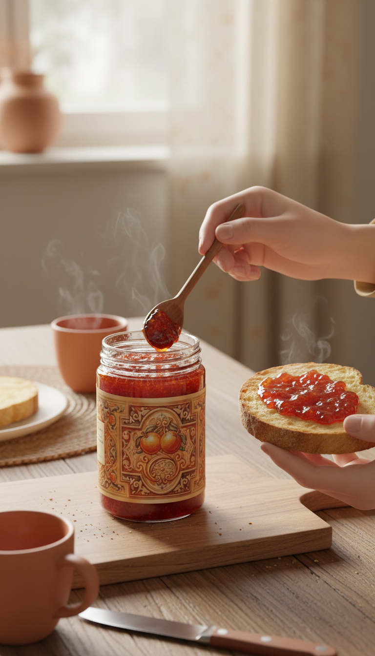 Blood orange marmalade with decorated label in use