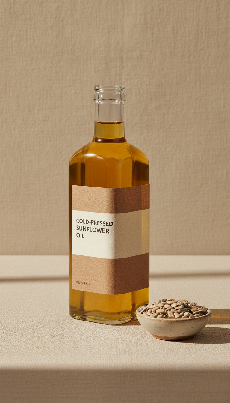 SatNutro Cold-Pressed Sunflower Oil, Single bottle placed three-quarter to camera at slight angle for depth; softly lit...