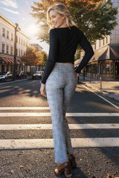 Heimish Gray Plaid Flare Pants with Wide Waistband