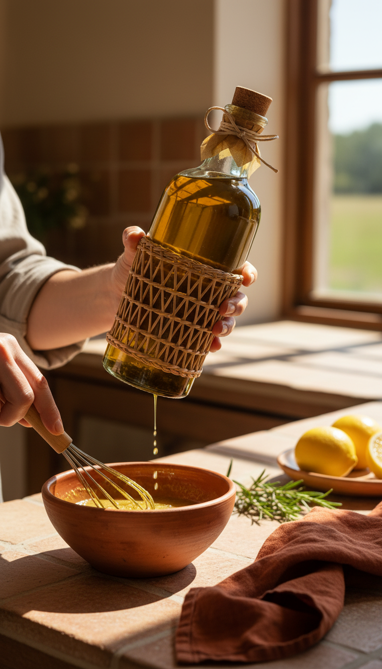 Premium Extra Virgin Olive Oil Bottle in use