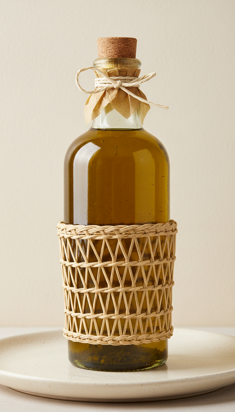 A straight-on, perfectly centered product shot of a premium glass bottle of extra virgin olive oil, showcasing its rustic,...