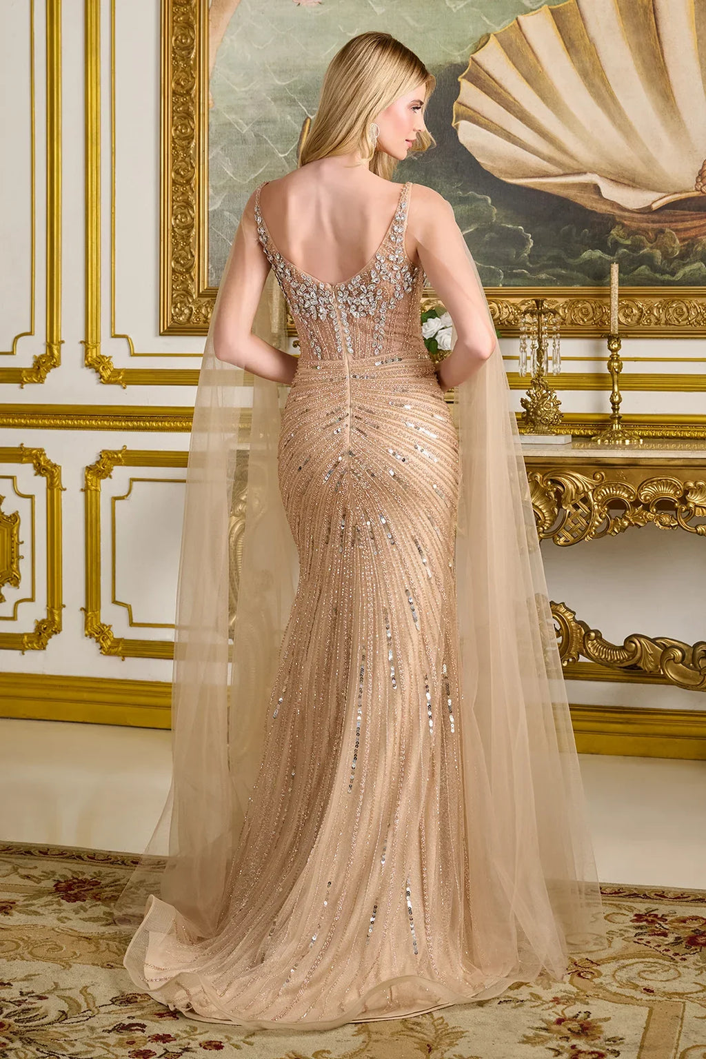 Rhinestones Embellished Mother Of The Bride Gown w/ Shoulder Capes GLGL3665