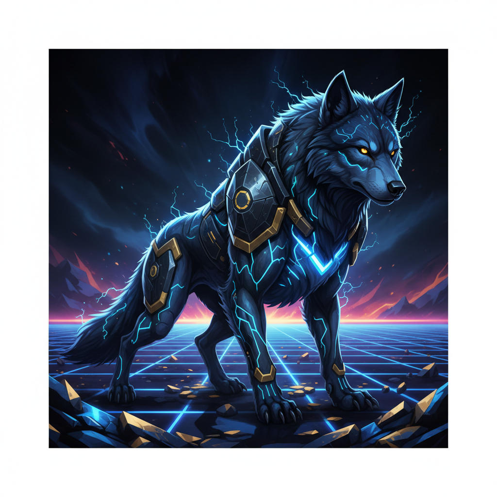 Electric blue cyber wolf with neon circuitry