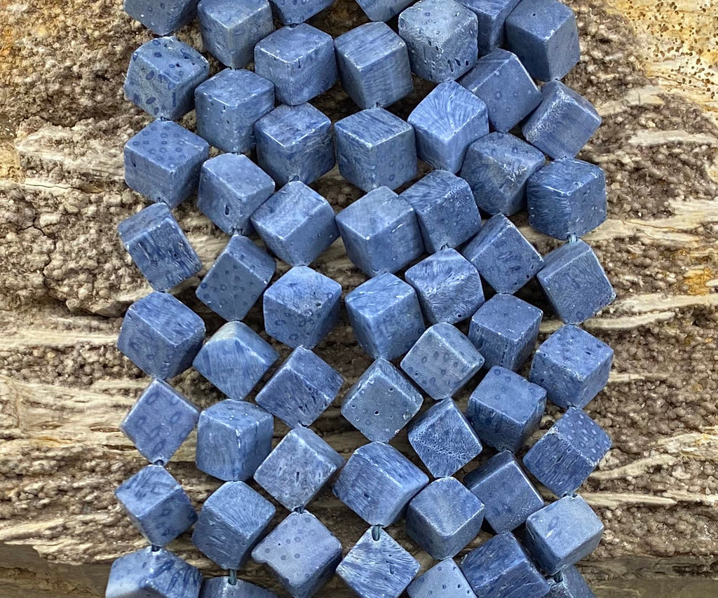 Natural Blue Coral Side Hole Cube 8-9mm 12-13mm