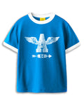 Vintage Unisex Oversized T-Shirt – Wings Graphic – Retro Ringer Style – Blue/White