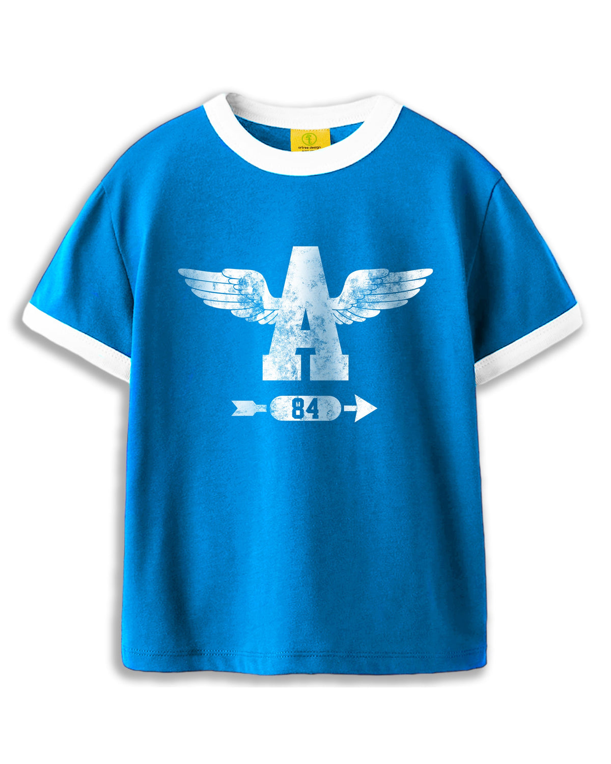 Vintage Unisex Oversized T-Shirt – Wings Graphic – Retro Ringer Style – Blue/White